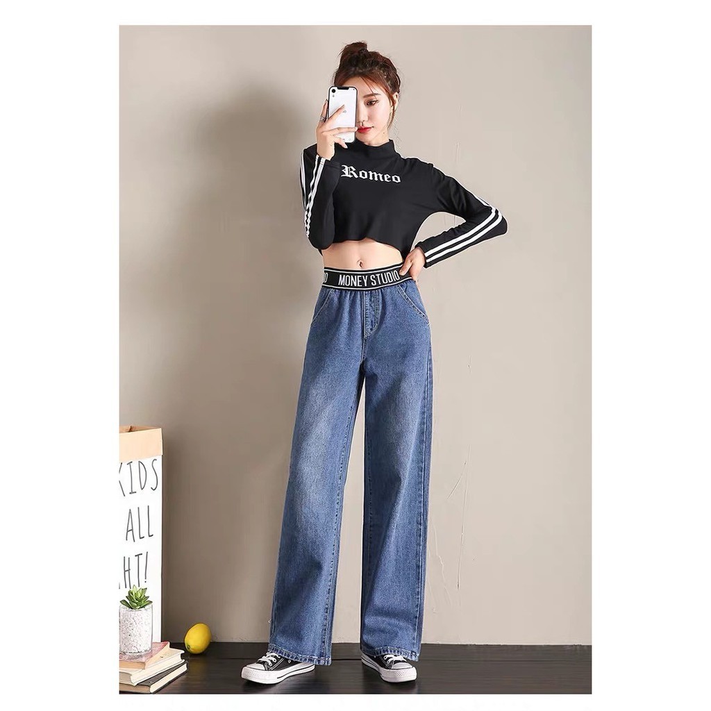Cynthia_Shop กางเกงยีนส์ขายาวเอวสูง ขากระบอกเอวยางยืดดำ สกีนลายอักษร #8015