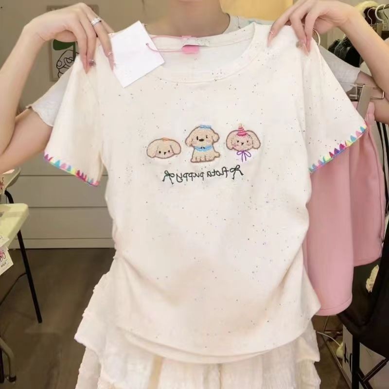 เสื้อยืดแขนสั้นลูกสุนัขน่ารักเย็บปักถักร้อย แห่กัน สําหรับผู้หญิง