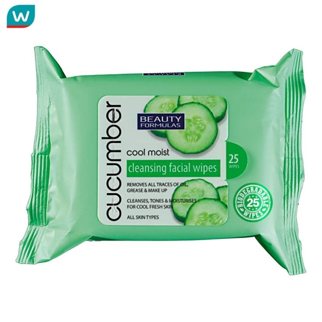 Beauty Formulas บิวตี้ ฟอร์มูล่าส์ คูล มอยซ์ คิวคัมเบอร์ คลีนซิ่ง เฟเชียล ไวพ์ 25แผ่น