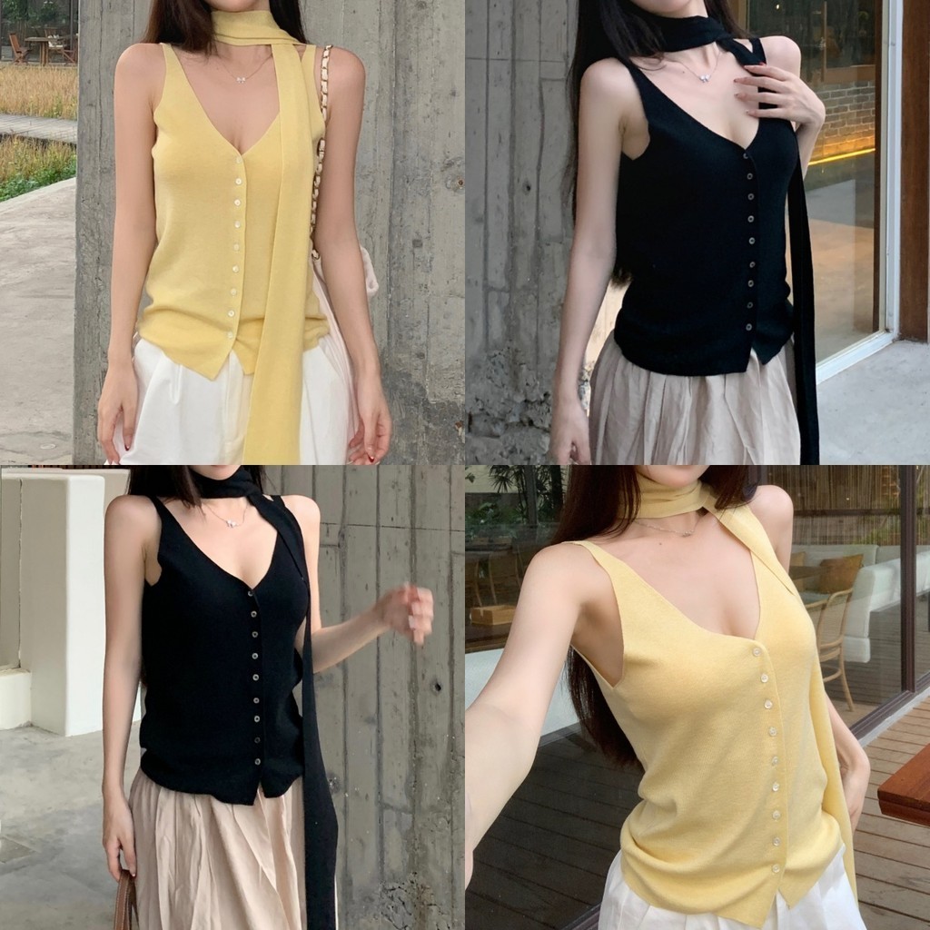 Evelyn ​เสื้อกล้ามไหมพรม คอวี เซ็กซี่ กระดุมด้านหน้า แถมสายคาดเก๋ๆ เกาหลี หญิง เสื้อแขนกุด ทรงสวย ส่งไวจากไทย#M1157