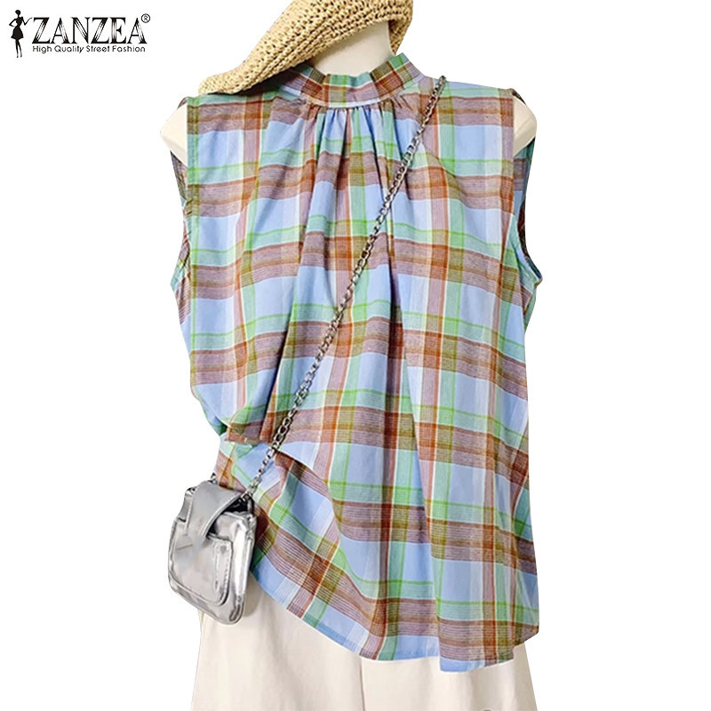Zanzea เสื้อเบลาส์แขนกุดลายหมากรุกแฟชั่นเกาหลีสําหรับผู้หญิง