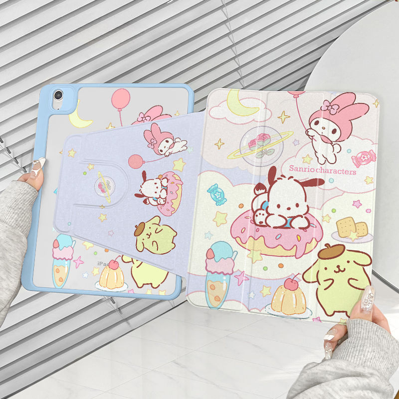 เคส Ipad 360 ° Rotationdessert เค้ก Melody Pochacco เหมาะสําหรับอะคริลิค iPad Air6 Gen7/8/9 10.2 Gen5/6 9.7 Air4 Air5 10.9 Pro11 Gen10 Triple พับฝาครอบ iPad