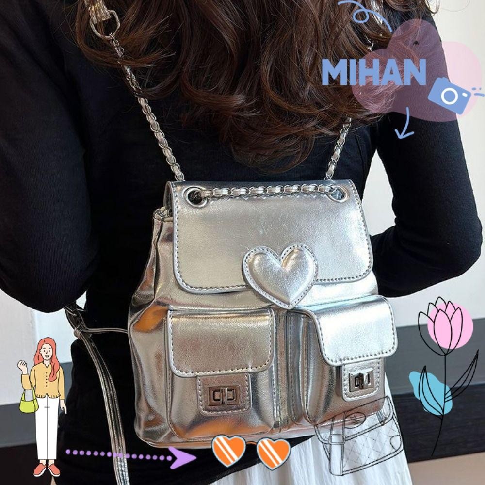 Mh Backpack, Solid Color Silver Bookbag, Versatile Heart Large Capacity Chain Rucksack