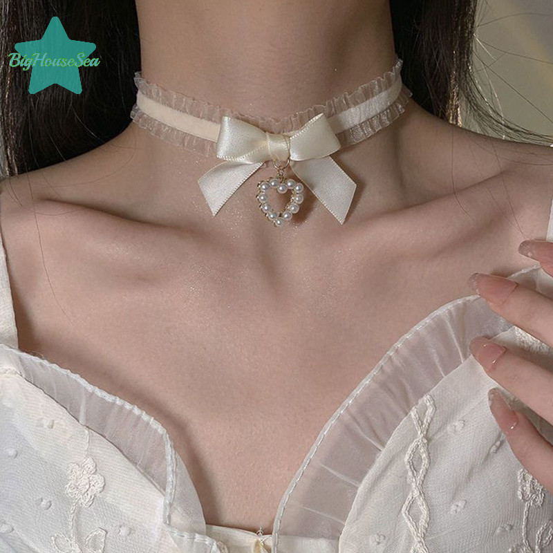 [BigHouseSea] ผู้หญิงน่ารักคอ Lolitas Handmade Vintage Lace Heart Choker สําหรับผู้หญิง Gothic Bow Knot สร้อยคอสาวอุปกรณ์เสริมใหม่
