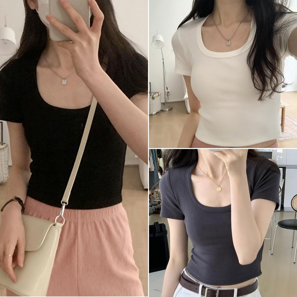 cherryshop พร้อมส่ง เสื้อยืดสวยๆผู้หญิง เสื้อคอกลมสั้นแฟชั่น ผ้ายืดลายทางเกลียว แขนสั้นสีพื้น สไตล์พื้นฐาน