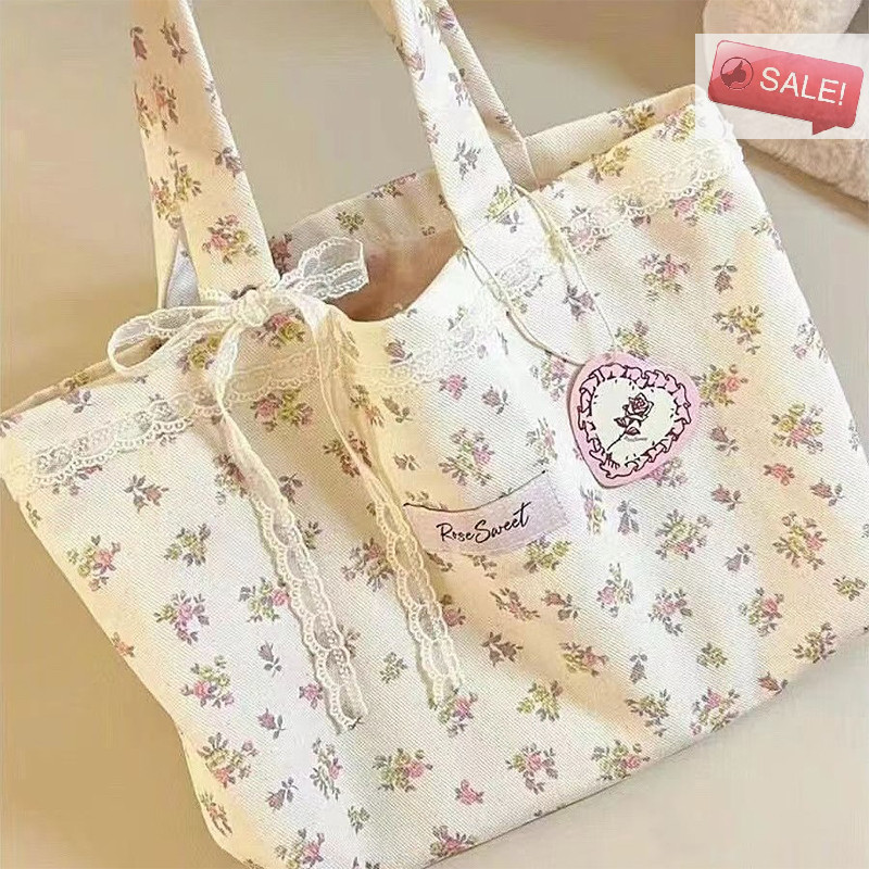 At ความจุขนาดใหญ่ Fragmented ดอกไม้รูปแบบ Tote กระเป๋าแฟชั่นหวานลูกไม้ Bow Storage กระเป๋าถือผ้าใบกระเป๋าถือ A
