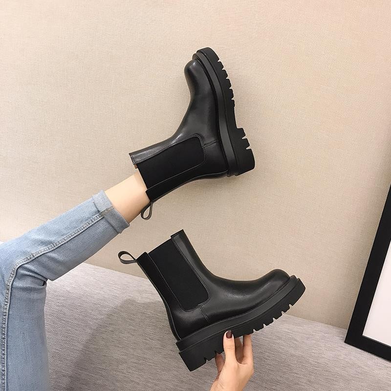 Martin Boots Women 20 British Mid-Tube Boots Fleece Warm Thick-Soled Chelsea Short Boots