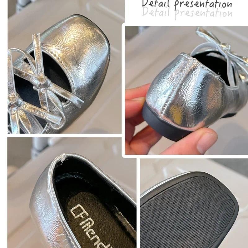 Jogerli Silver Bow เพื่อนร่วมชั้นฤดูใบไม้ผลิฤดูใบไม้ร่วงปากตื้นเด็กรองเท้าหนัง PU หญิงบัลเล่ต์เด็กเล็กเจ้าหญิง Loafer - รูปที่ 3
