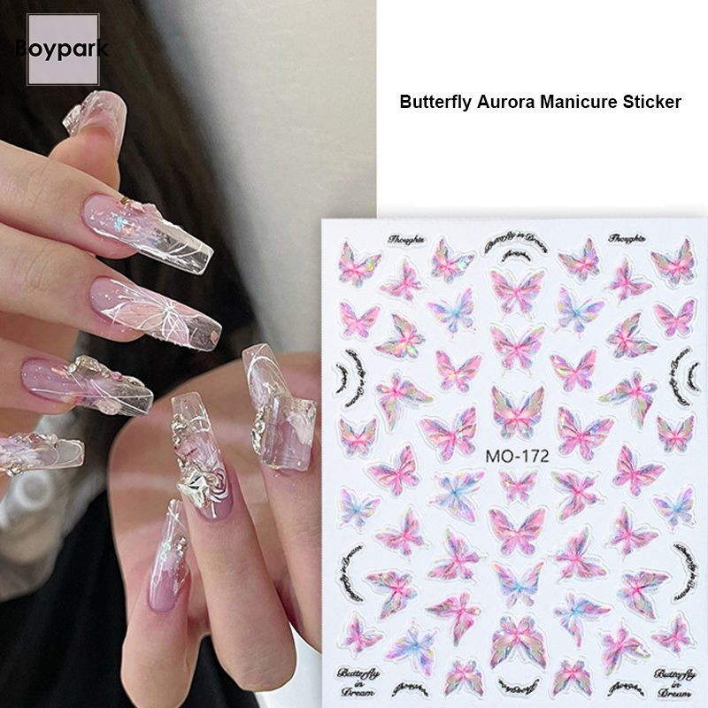 Boypark สติ๊กเกอร์ติดเล็บ ผีเสื้อเล็บแพทช์สีชมพูน่ารักสติ๊กเกอร์ติดเล็บสาวเครื่องประดับแฟชั่น ตกแต่ง