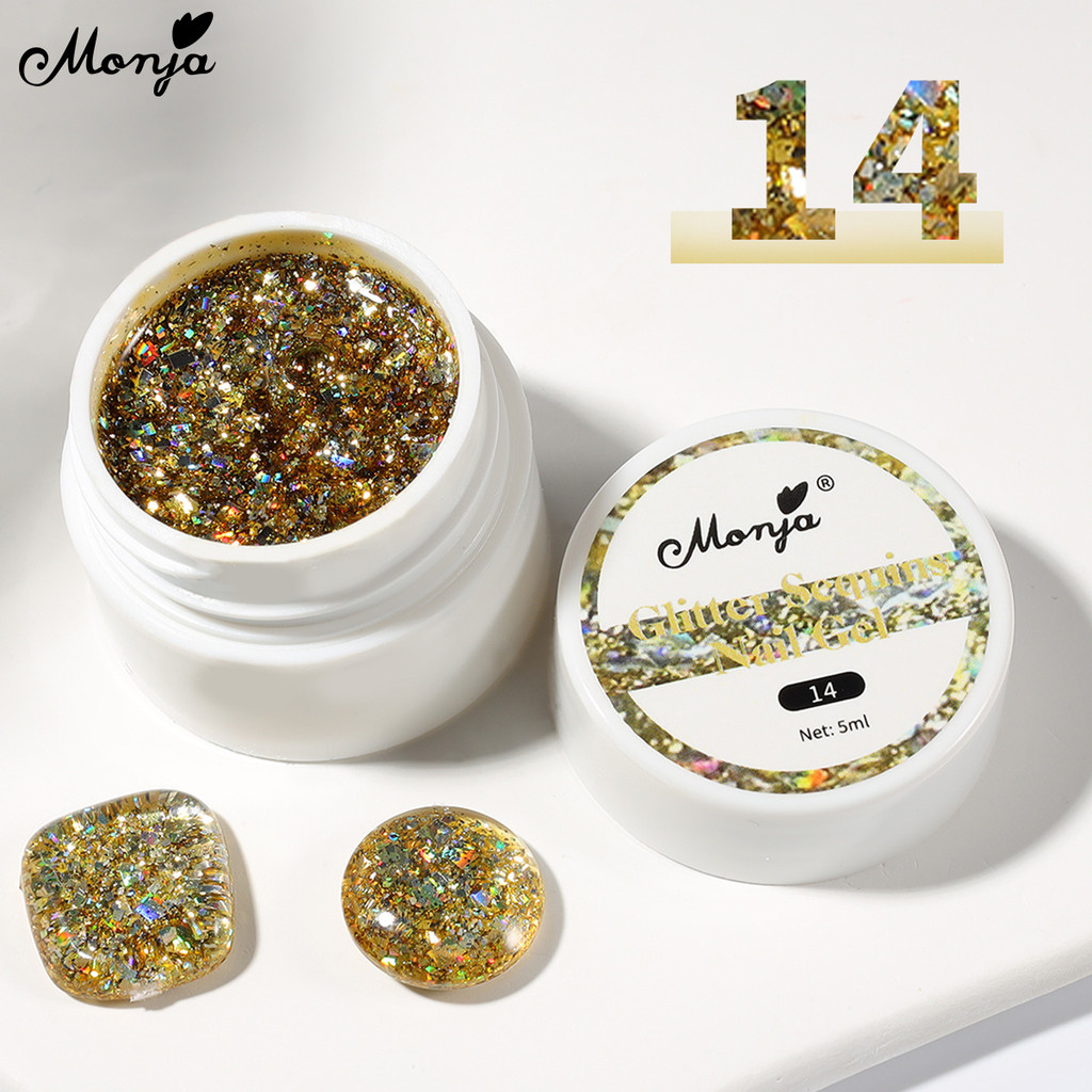 Monja 5ml เล็บ Glitter เล็บเจลเลื่อมเจล Holographic เล็บเจลชุดทองสีเขียว เล็บชุด