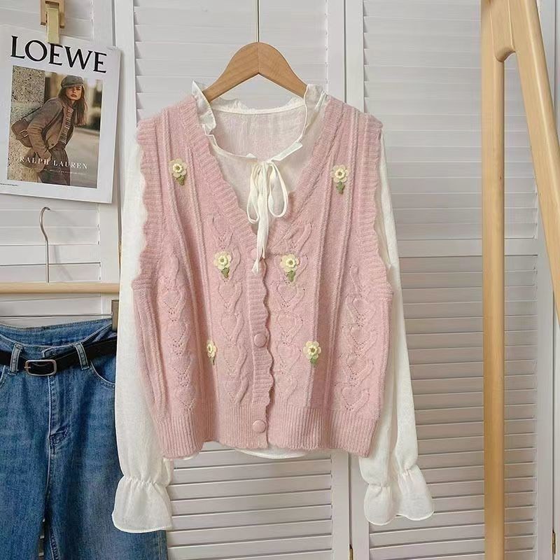 เสื้อกั๊กผู้หญิงดอกไม้เย็บปักถักร้อยถักใหม่หลวมสไตล์ตะวันตกแขนกุดแนวโน้ม