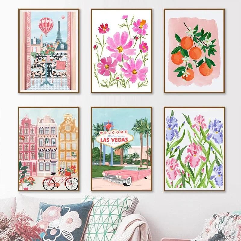 City Bookstore Coffee House Landscape ภาพวาดผ้าใบดอกไม้สีชมพู Market โปสเตอร์ห้องนั่งเล่น Wall Art ตกแต่งบ้าน