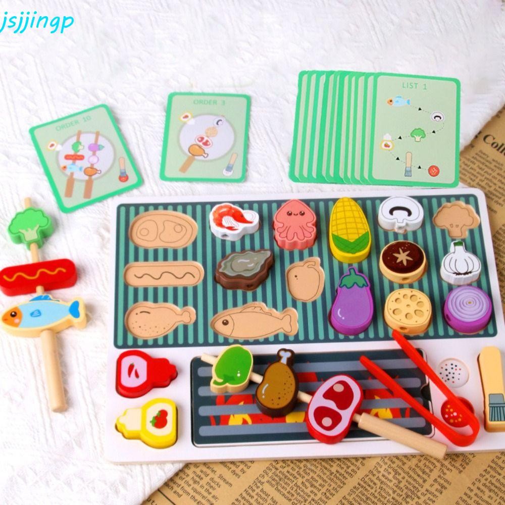 Jsjingp ไม้บาร์บีคิวของเล่น,จําลองอาหารทําอาหารประสบการณ์บาร์บีคิวย่างของเล่น, มอนเตสซอรี่ การศึกษาความรู้ความเข้าใจไม้บทบาทเล่นแกล้งทําเป็นชุดของขวัญวัน