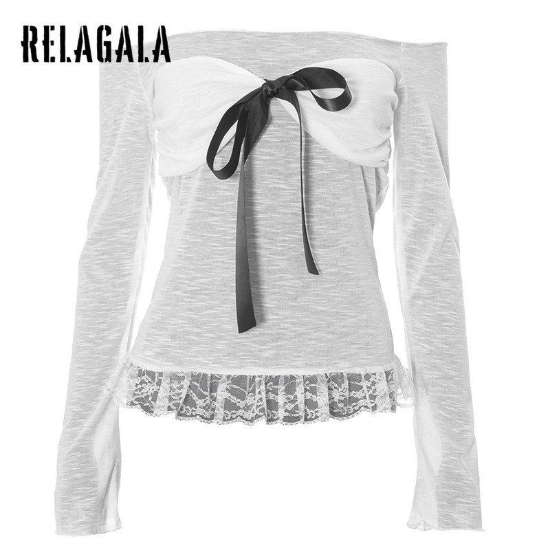 Relagala ผู้หญิง 2024 ใหม่แฟชั่น Casual Bow ตกแต่งแขนยาวตาข่าย Slim เสื้อยืด