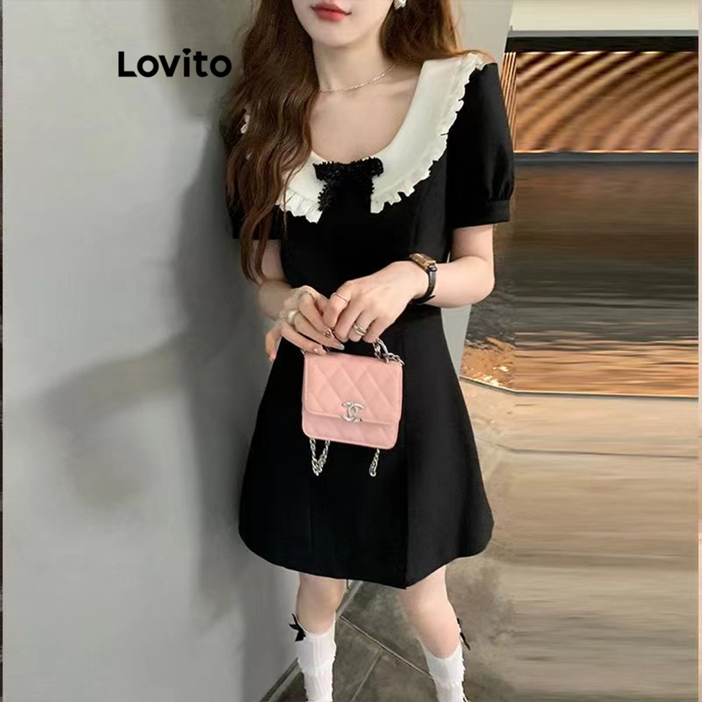 Lovito ชุดเดรสผู้หญิง สีพื้น สไตล์ลำลอง LNA66141