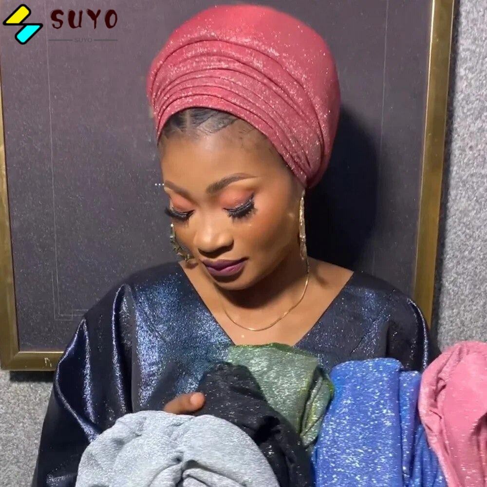 Suyo African Auto Gele Headtie, Glitters Turbante หญิงหัว Wraps, Elegant Bilayer จีบผู้หญิง Turban หมวก