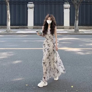 เดรสคอกลม สายเดี่ยว ลายผีเสื้อ สำหรับฤดูร้อน ดีไซน์ฝรั่งเศส