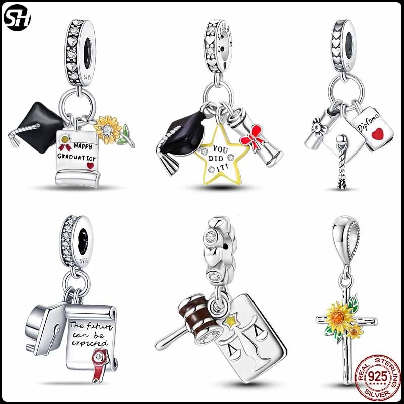S925 เงินสเตอร์ลิงสี Graduation Season Series นกฮูกที่มีสีสัน Bachelors หมวก charms ลูกปัด 925 สร้อยข้อมือต้นฉบับ DIY เครื่องประดับ