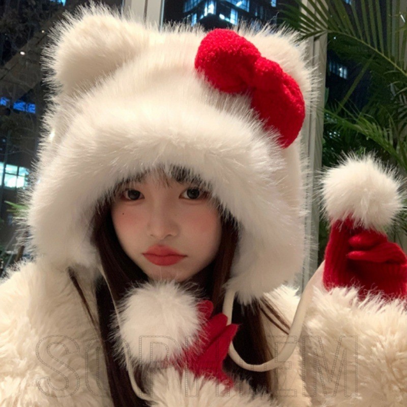หมวกป้องกันหูตุ๊กตา-สําหรับสาวฤดูหนาวกลางแจ้งสกี-ให้อบอุ่น,กันลม-แฟชั่น,อเนกประสงค์,การ์ตูน-แมวสีขาวสีแดงโบว์หมวกปิดหูกันหนาว-สาวน่ารักขนยาวหม