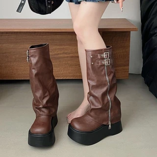 Sevenhome3e ผู้หญิงเข่าสูง Booties, ออกแบบใหม่แพลตฟอร์มผู้หญิง Biker รองเท้า, อินเทรนด์ Casual Y2K Punk Gladiator ยาวท่อ Booties สาว