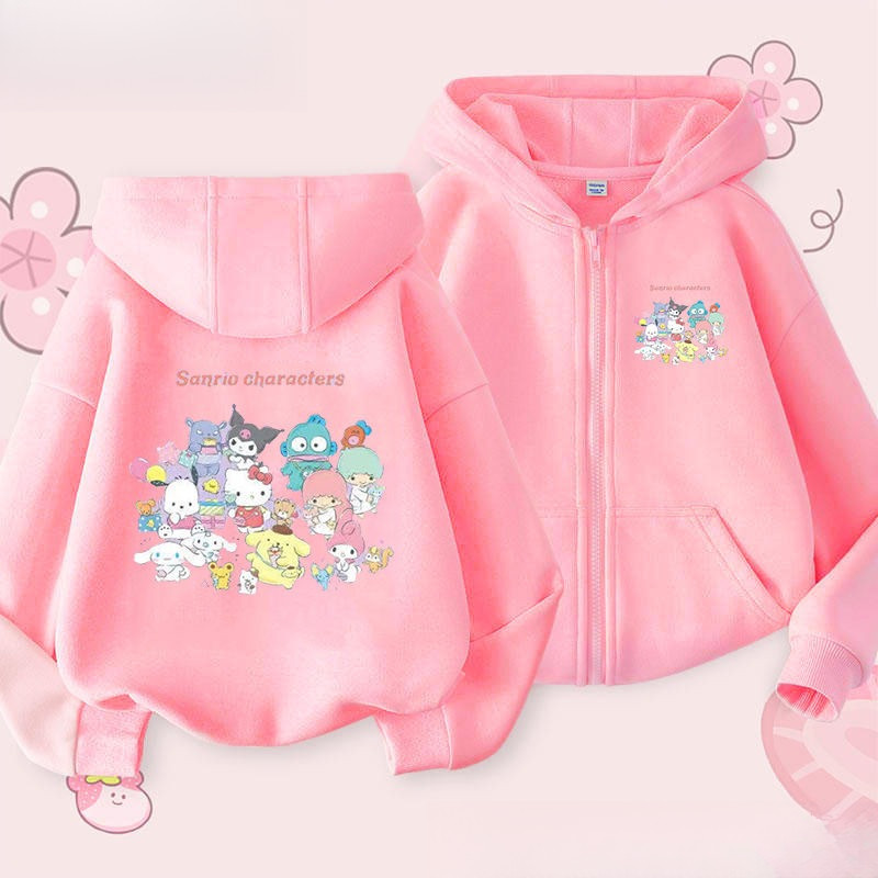 2024 น่ารักฤดูใบไม้ผลิและฤดูใบไม้ร่วง Kuromi Girls Zip Up Hoodie Jacket Stylish Kids Outerwear