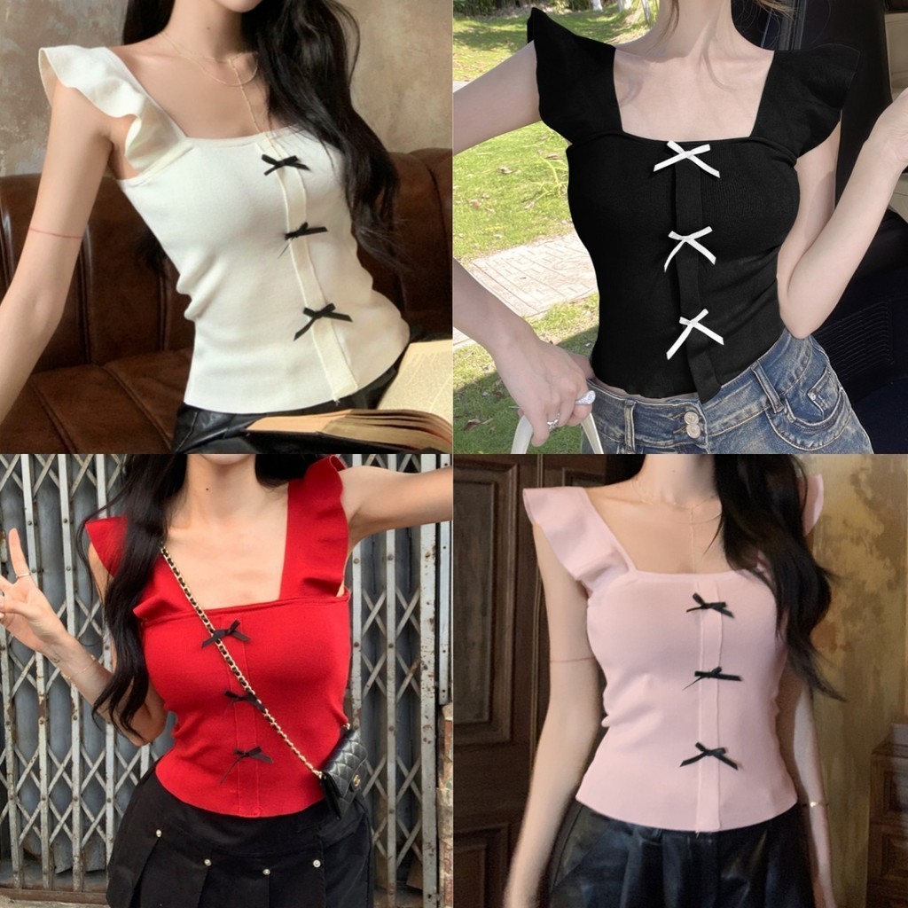 Soroh เสื้อกล้าม ไหมพรม คอเหลี่ยม แต่งแขนระบาย แต่งโบว์ แขนกุด ผอมเพรียว เสื้อครอป สไตล์เกาหลี น่ารัก #AC05