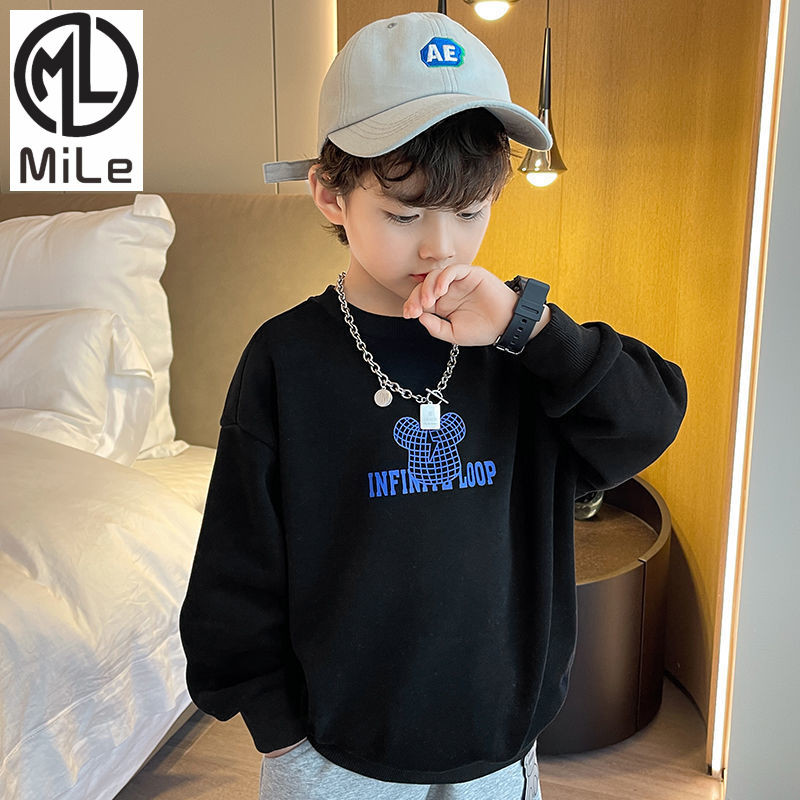[ML] 90-160 ซม.เสื้อกันหนาวผ้าฝ้ายแท้ฤดูใบไม้ผลิฤดูใบไม้ร่วงสไตล์ใหม่การ์ตูนหมีแฟชั่น All-Match Boy หล่อหลวมรอบคอ Top Bottoming เสื้อ