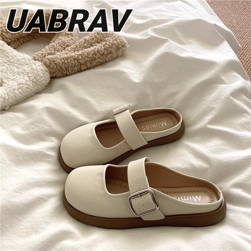UABRAV. รองเท้าหนังผู้หญิง รองเท้าแตะแมรี่เจนระบายอากาศเวอร์ชั่นเกาหลีใหม่พร้อมพื้นรองเท้านุ่ม