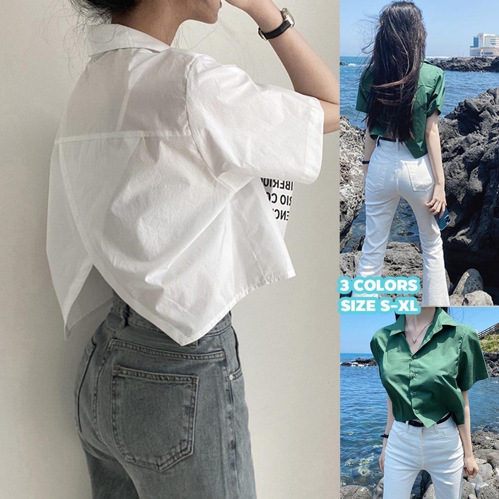 KOKO#เสื้อเชิ้ตแขนสั้น ครอป แฟชั่น ดีไซน์หลังผ่า เปิดหลัง เอวสูง ผ่าหลัง ทรงหลวม คอปก สไตล์เกาหลีสำหรับผู้หญิง#W426