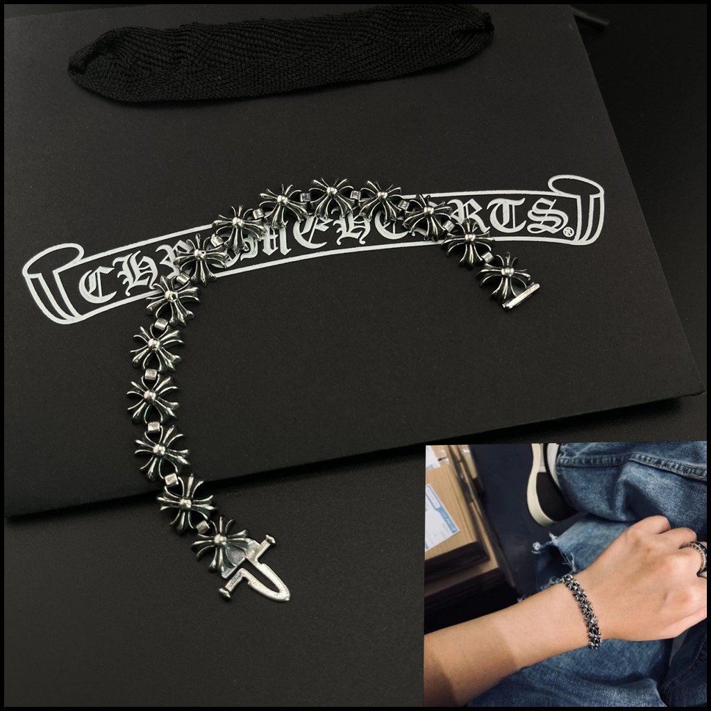 CH เงิน 925 Cross ดอกไม้สร้อยข้อมือ Vintage Punk Rock สไตล์อุปกรณ์เสริม Street Hip Hop เครื่องประดับ Luxury Party ของขวัญ 1976