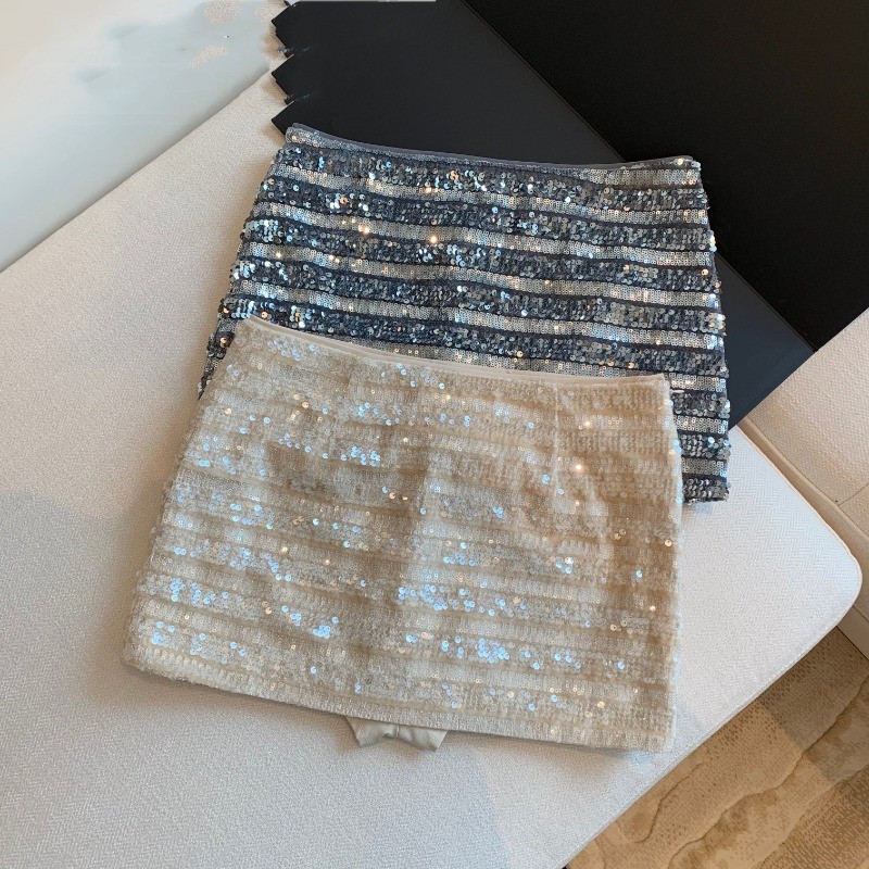 Casual All-Match Striped Sequined กระโปรงเซ็กซี่ Skinny ต่ําเอวกระโปรงสะโพก