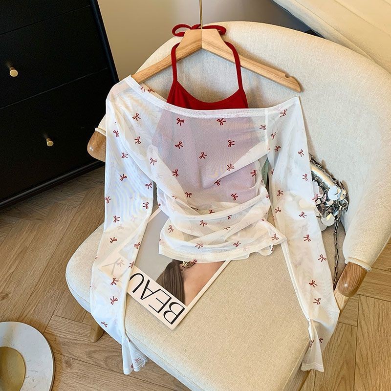 ins2024TT-shirt Women's Bowknot Long Sleeve Pure Halter Hot Girl Printed Top off-the-Shoulder Two-Piece Blouse Summer
