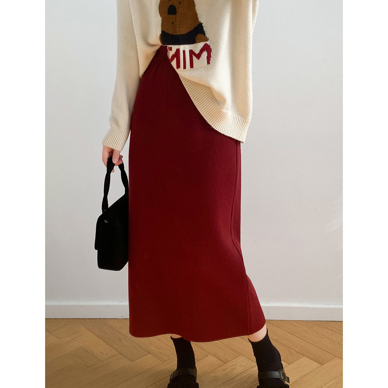 ซูซี ย้อนยุคสีทึบเรียบง่ายหวานฤดูใบไม้ร่วงสไตล์ใหม่สบายๆหรูหราเอวสูงผู้หญิงกลางยาวถักกระโปรงทรงเอ 240909 - รูปที่ 2