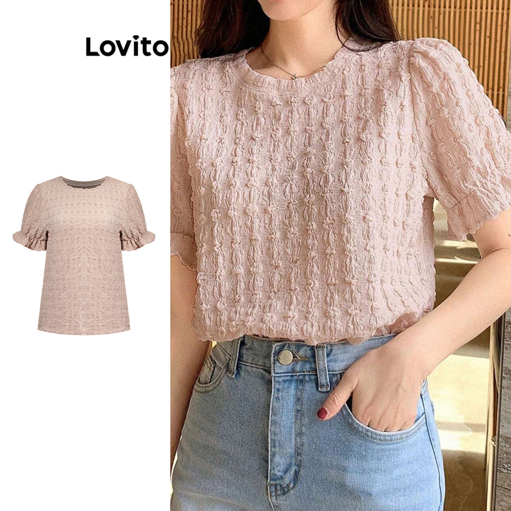 Lovito เสื้อ แจ็คการ์ดจีบเรียบหรูธรรมดาสำหรับผู้หญิง L99ED805