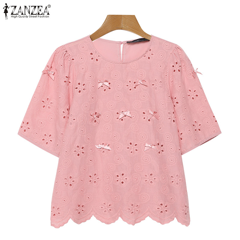 ZANZEA ซานเซีย ผู้หญิงแฟชั่นเกาหลีรอบคอเย็บปักถักร้อยคลื่นตัดเสื้อแขนสั้น