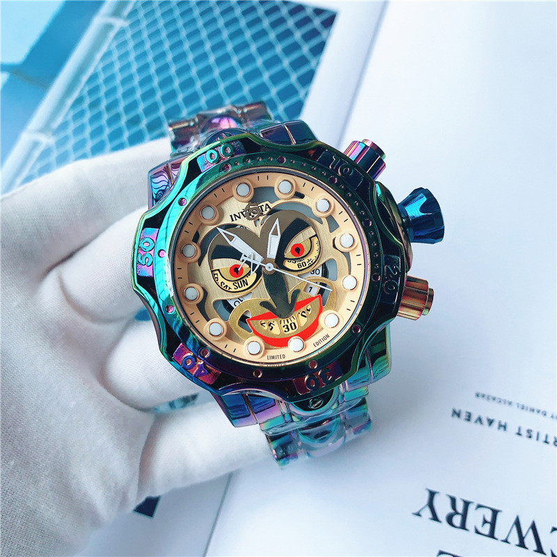 2024 Fashion Sports Invicta JOKER โจ๊กเกอร์สีชุบทองหน้าปัดใหญ่นาฬิกานาฬิกาแถบเหล็กสามมิติ