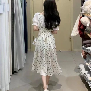 ชุดเดรสแขนตุ๊กตาพองๆ กระโปรงยาวเลยเข่า ดีไซน์เกาหลี งานพิมพ์ลายดอกไม้สวยงาม