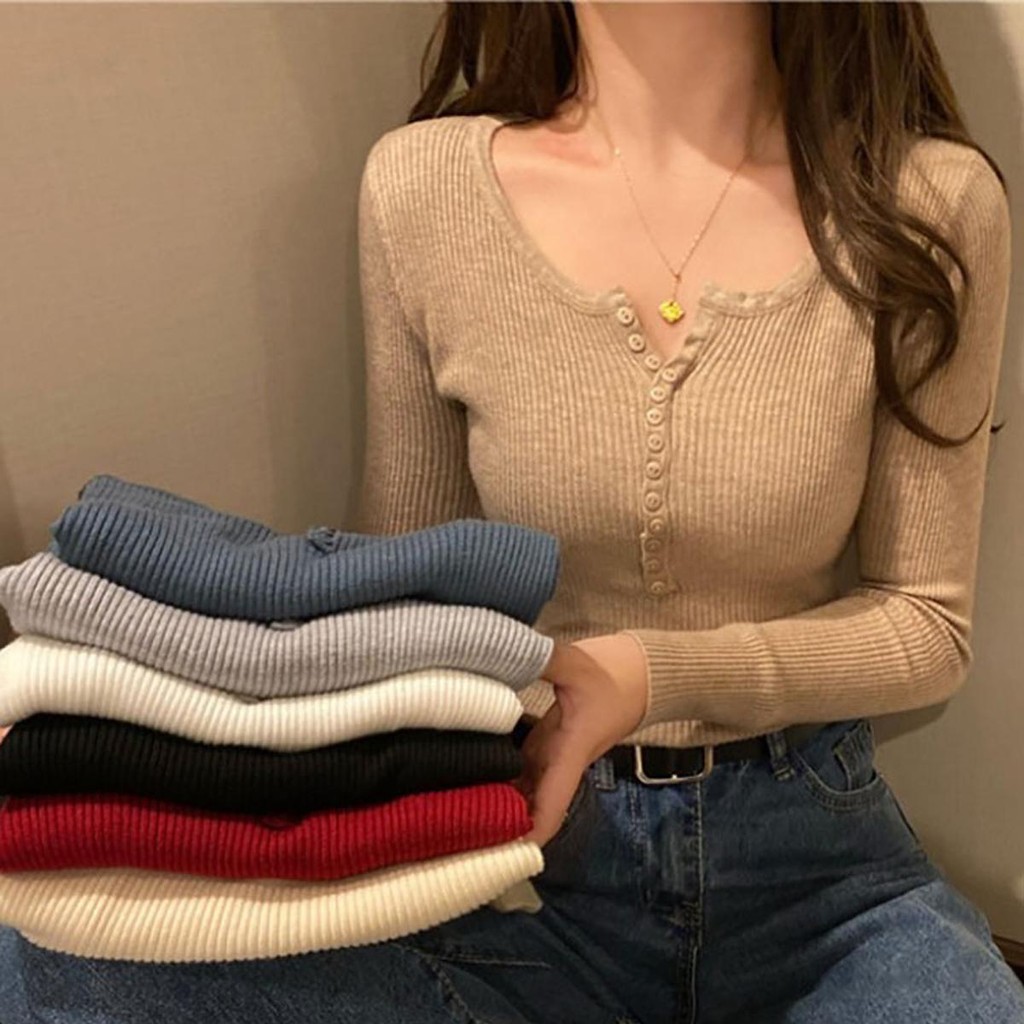 เสื้อไหมพรมแขนยาว คอวีกระดุมหน้า เสื้อคอปกผู้หญิง ทรงสลิมฟิต เสื้อยืด ผญB102