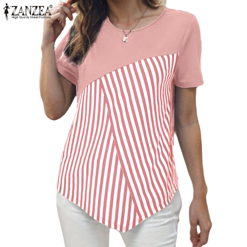 Zanzea เสื้อสตรีวินเทจเรียบง่าย Patchwork คอลูกเรือแขนสั้น Slit หลวมลายเสื้อ