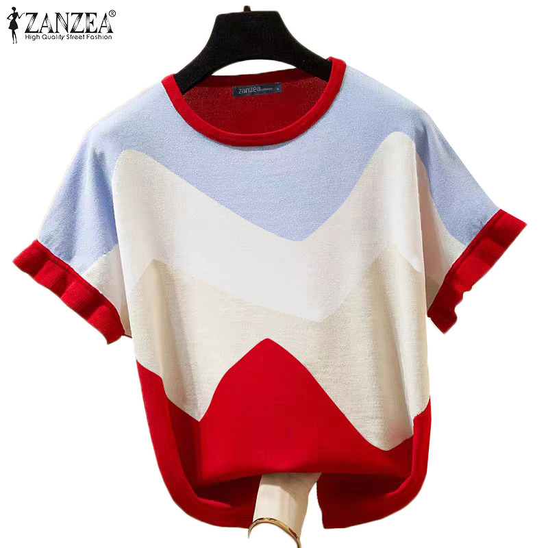 Zanzea ผู้หญิงเกาหลีทุกวันรอบคอ Colorblocked Patchwork แขนสั้นเสื้อเรียบง่าย