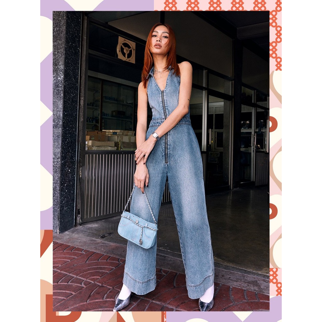 [Pomelo] จั๊มพ์สูทยีนส์ขากว้าง / Zipper Denim Vest Jumpsuits