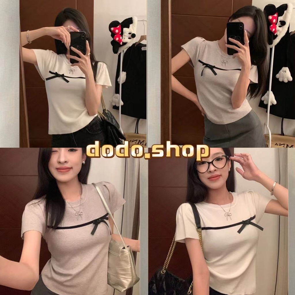 DoDo พร้อมส่ง เสื้อยืดผ้าไหมพรม แขนสั้น ดีเทลแต่งขีดที่อกประดับโบว์เก๋ๆผ้านุ่มสวมใส่สบาย(9093)