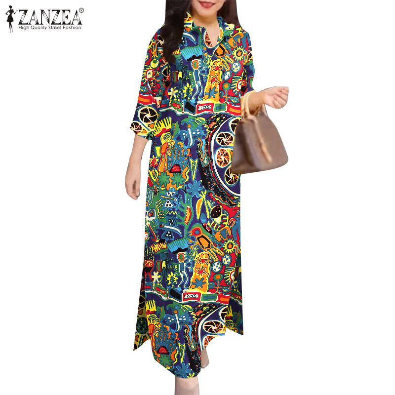 ZANZEA ซานเซีย ผู้หญิงวินเทจลําลองแยกปกคอ3/4แขนเสื้อยาวชุด