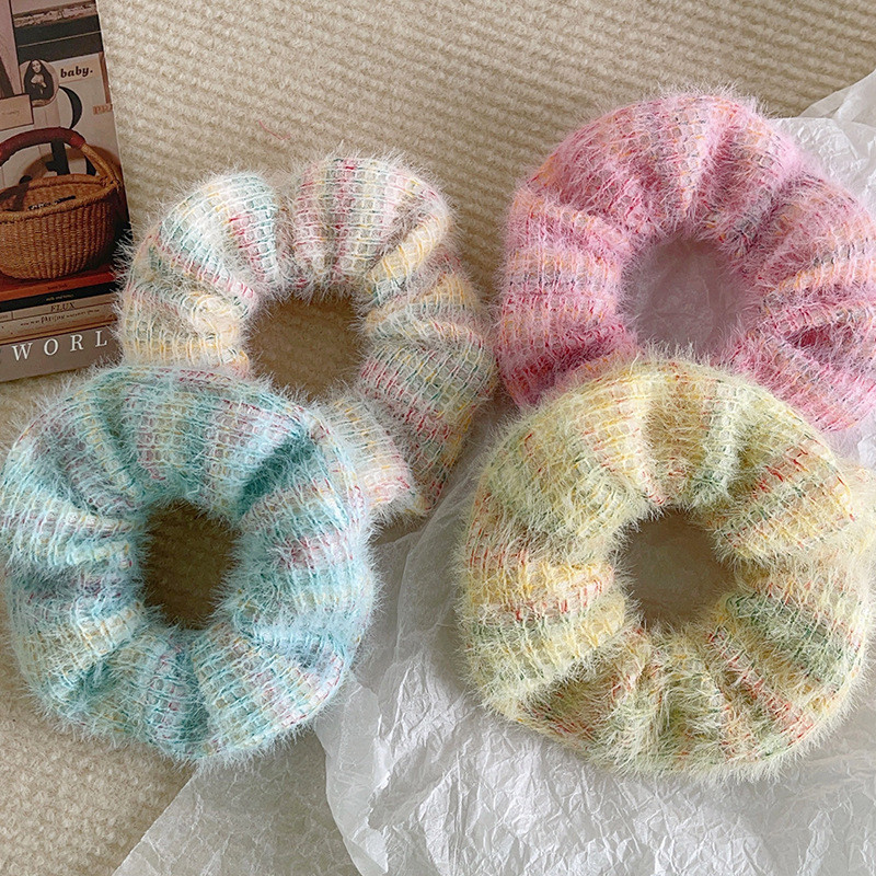 เกาหลีสายรุ้งสีขนสัตว์ถักยางรัดผมขนาดใหญ่ Ins สาวหวาน Big Scrunchies แฟชั่นอุปกรณ์เสริมผมสําหรับผู้หญิงและหญิง