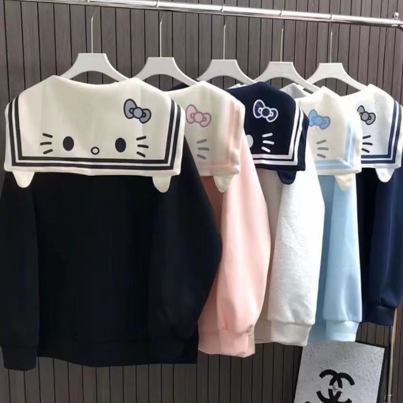 ใหม่กองทัพเรือปกแมวน่ารักหลวมเสื้อกันหนาวหมวกซิปสบายๆน้องสาวนุ่มแขนยาวนักเรียนเสื้อกันหนาวหมวกน้ํา Student Hoodie Tide