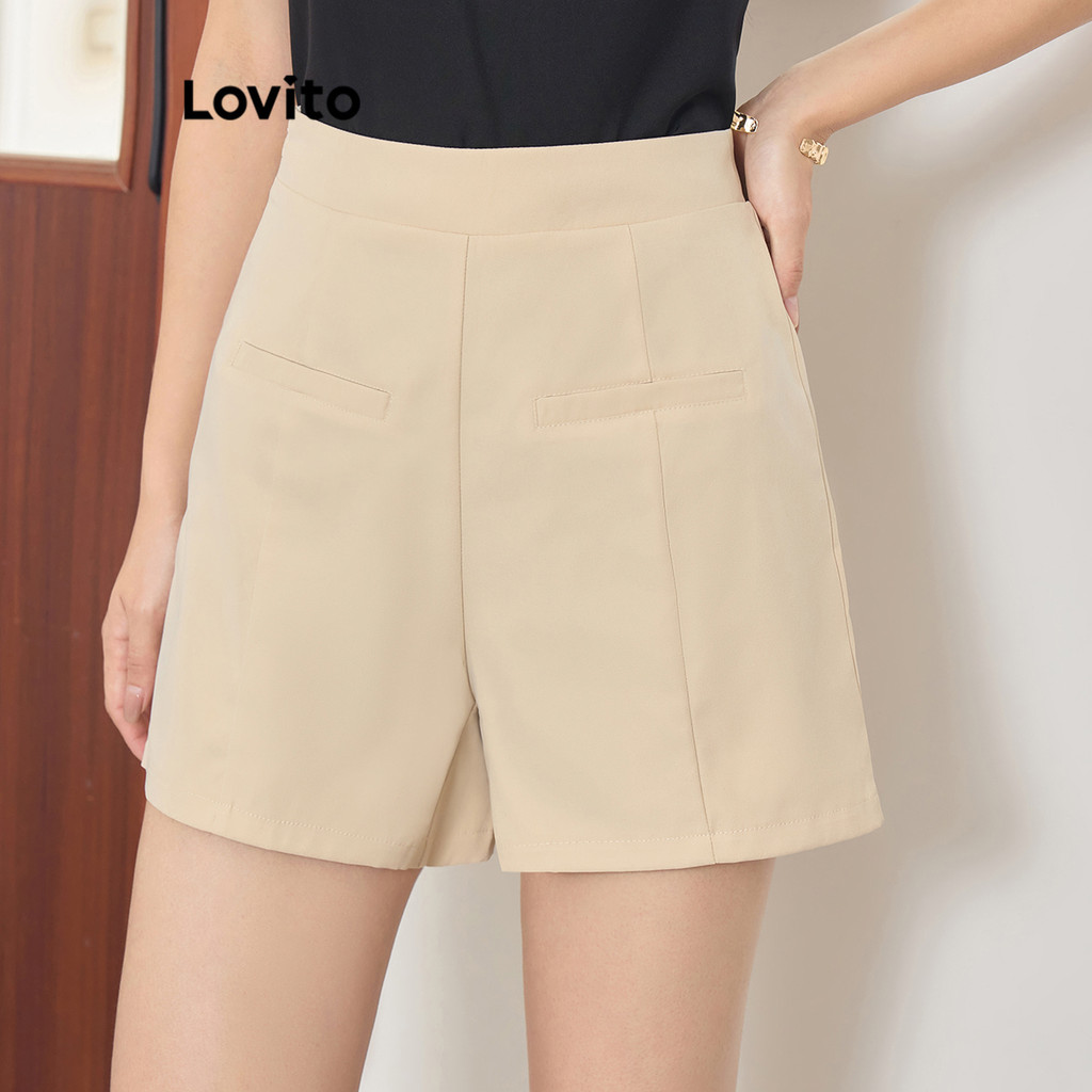 Lovito กางเกงขาสั้นกระเป๋าปลอมเรียบหรูสำหรับผู้หญิง L104ED635