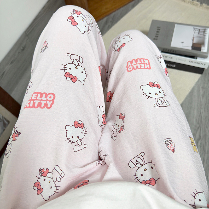 การ์ตูนน่ารักสีชมพู Hello Kitty ชุดนอนกางเกงฤดูร้อนกางเกงชุดนอนผู้หญิงกางเกงหลวมสบาย