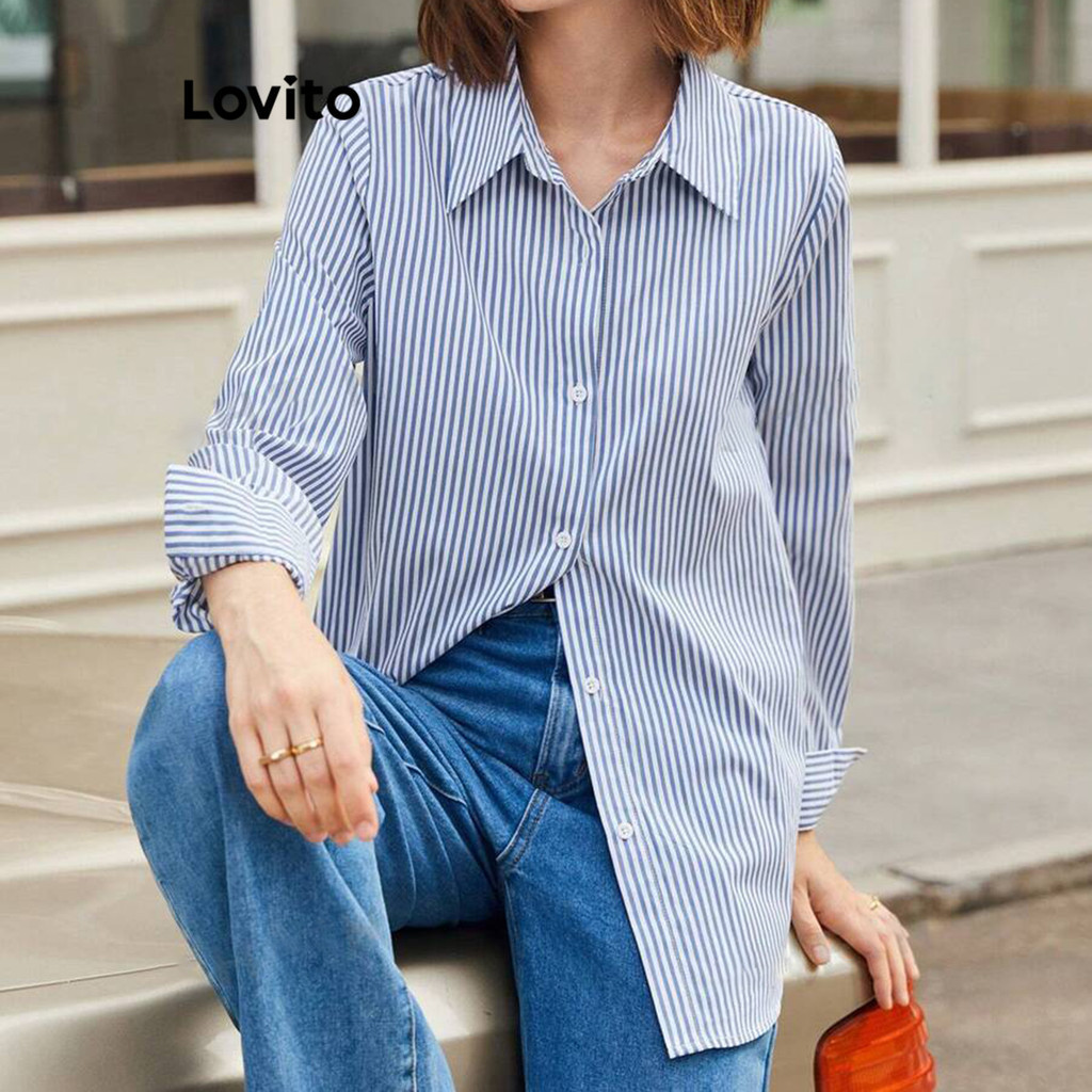 Lovito เสื้อเบลาส์ผู้หญิง ลายทาง มีกระดุม สไตล์ลำลอง L90AD005