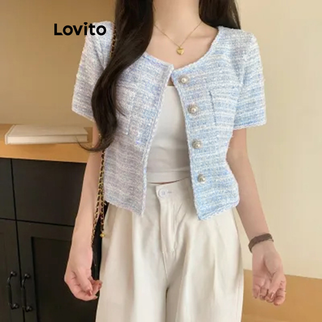Lovito เสื้อเบลาส์ผู้หญิง มีกระดุม สีพื้น สไตล์หรูหรา LNE50563