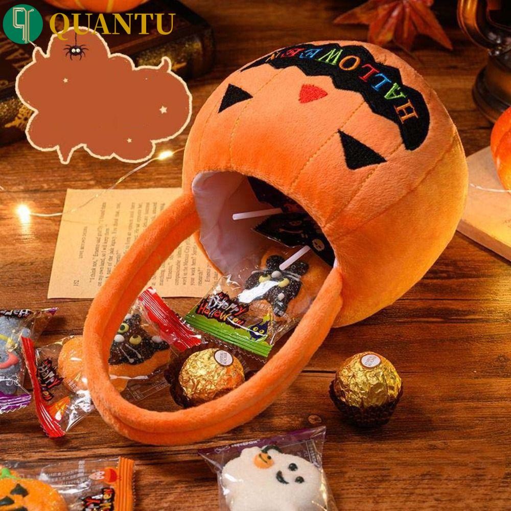 Quantu ฮาโลวีนถุงขนม,ผ้าของขวัญกระเป๋าฟักทอง Candy Bucket, Kawaii Trick หรือ Treat กระเป๋าถือตุ๊กตาผ้าฝ้าย Tote กระเป๋าเด็ก